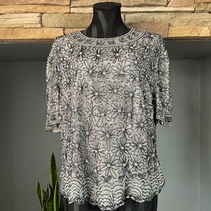 VTG Papell Silk Beaded Sequin Party Top Glam Event Holiday Floral Gray Blue 2X